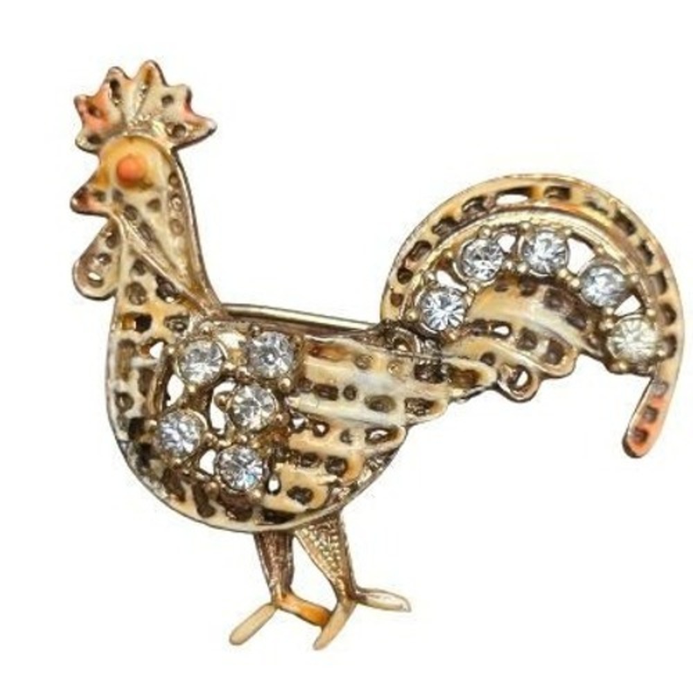 Vintage Rooster Brooch Gold Tone Rhinestone Enamel Figural Bird Pin Farmhouse